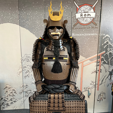 Brown Samurai Armor Tosei Gusoku Style Flame Maedate Brown Kabuto Chest Sode and Haidate